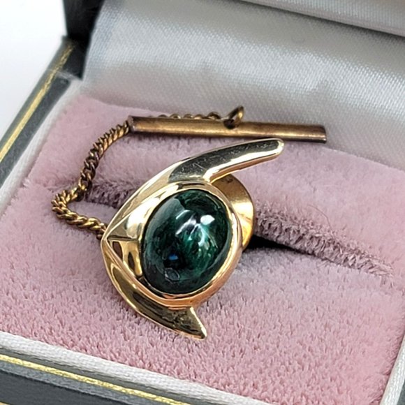 14k Yellow Gold Malachite Angel Fish Tie Tack Pin Vintage Artisan Made CT409 - Picture 1 of 16